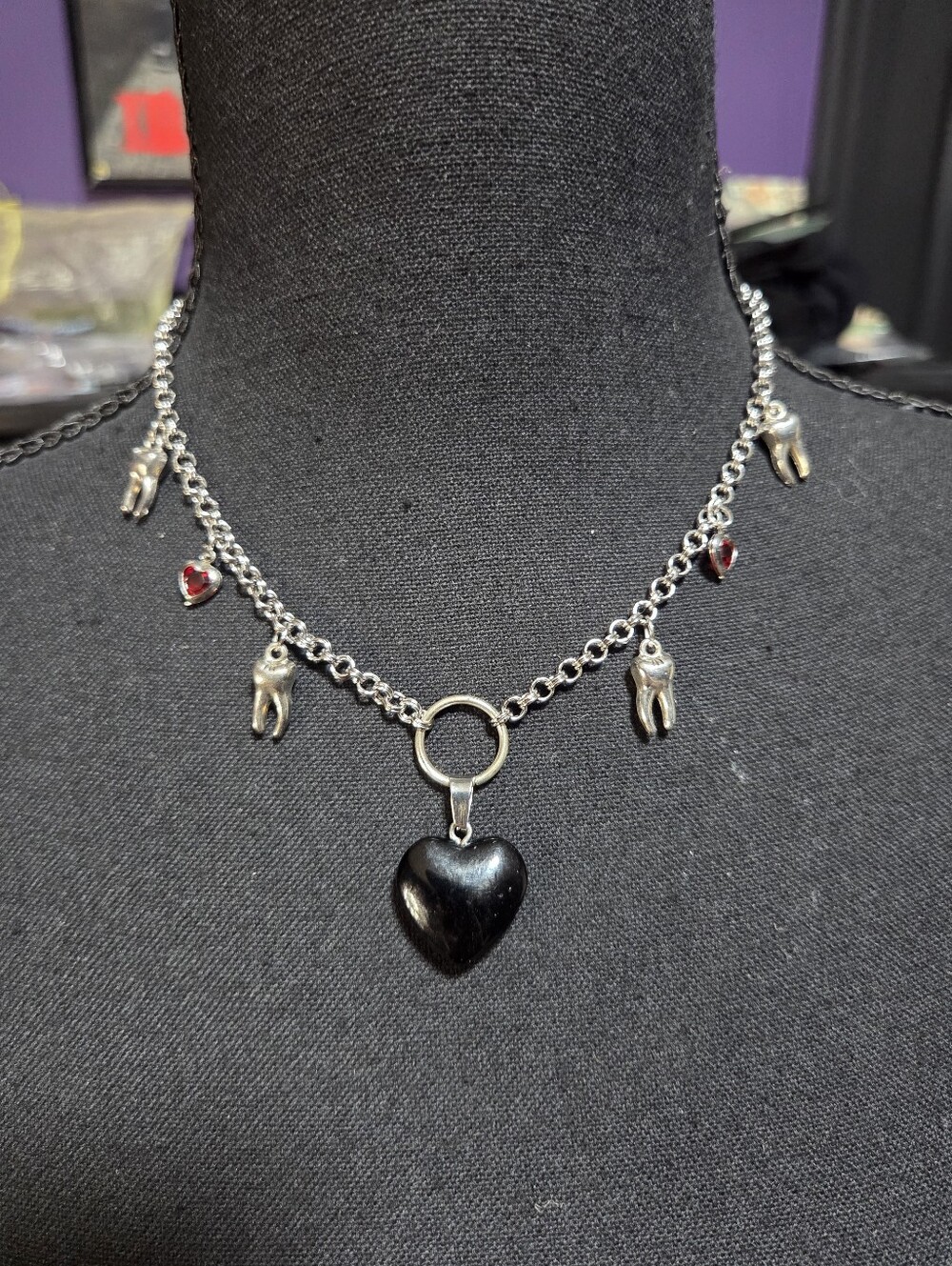 Handmade Black Heart Charm Necklace Teeth Goth Emo Punk Silver Jewelry Stainless